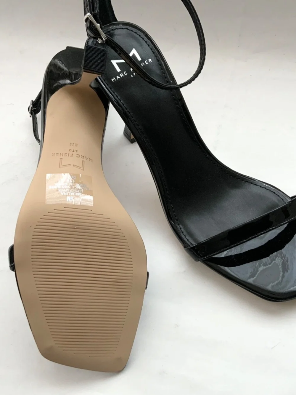 MARC FISHER Jalina Black Patent Leather Square Toe Ankle Strap High Heel Sandals
